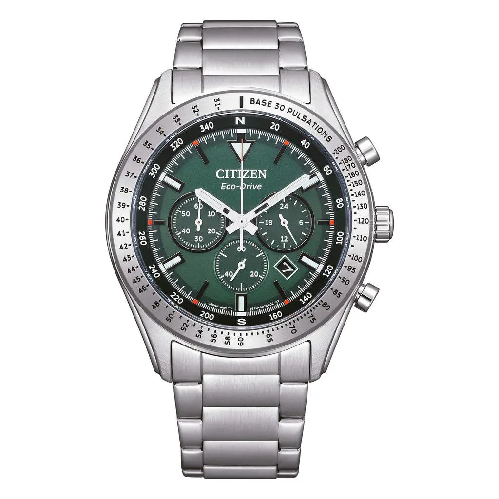 Citizen Men`s Eco-drive Green Dial Chronograph Men`s Watch CA4600-89X - Dial: Green, Band: Silver, Bezel: Silver