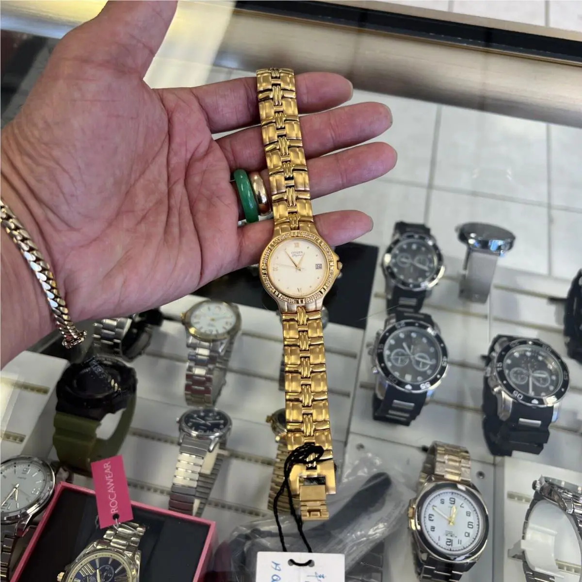 Citizen Us Made Citzen Quartz Unisex Watch Gold Plated with C.z Stone Around Bezel