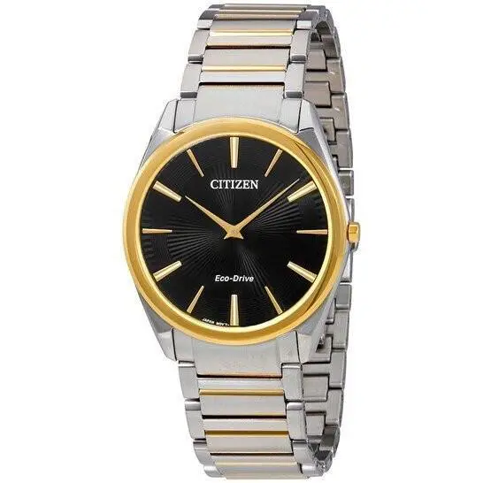 Citizen Stiletto Eco-drive 38mm Two-tone Black Dial Men`s Watch AR3074-54E - Dial: Black, Band: Gold, Silver, Bezel: Gold