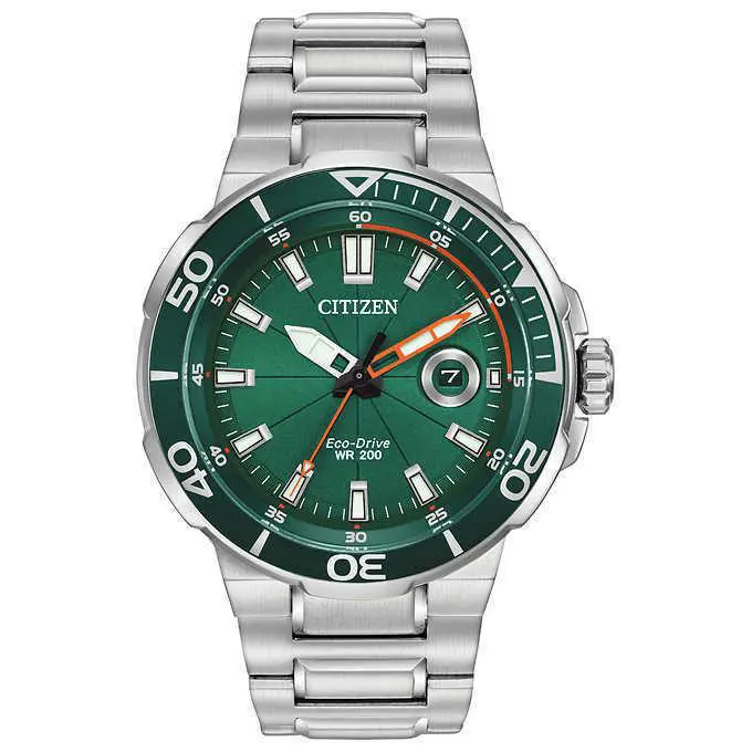 Citizen AW1428-53X Eco-drive Endeavor Stainless Steel Green Dial Men`s Watch - Dial: Green, Band: Silver, Bezel: Green