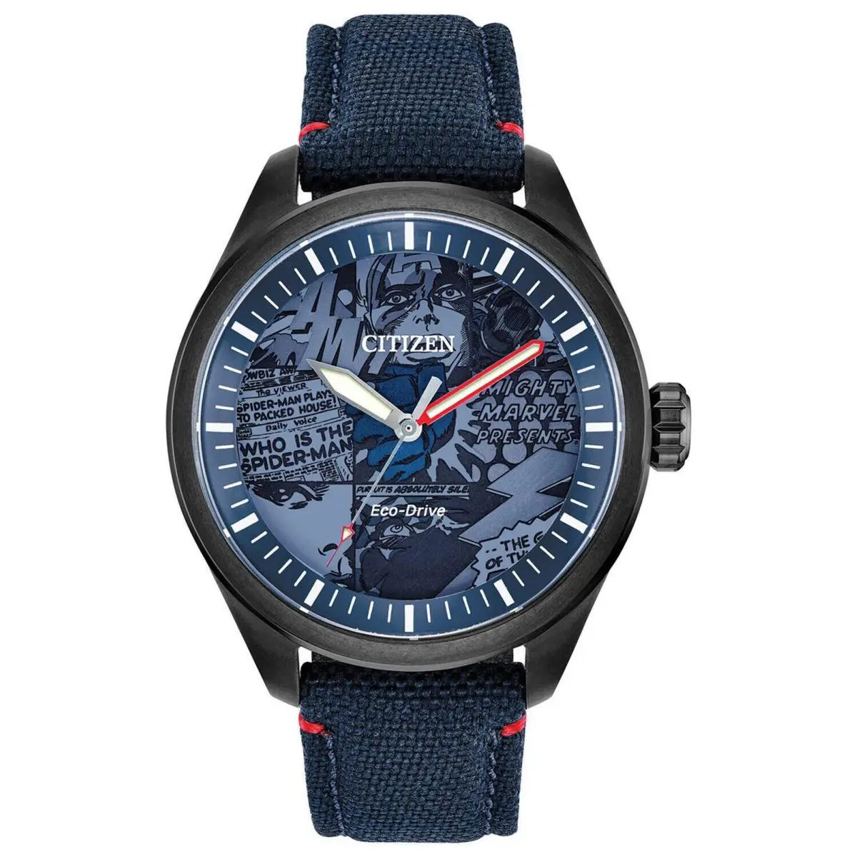 Citizen AW2037-04W Eco-drive Marvel Men`s Watch Blue Nylon Strap - Dial: Blue, Band: Blue, Bezel: Black