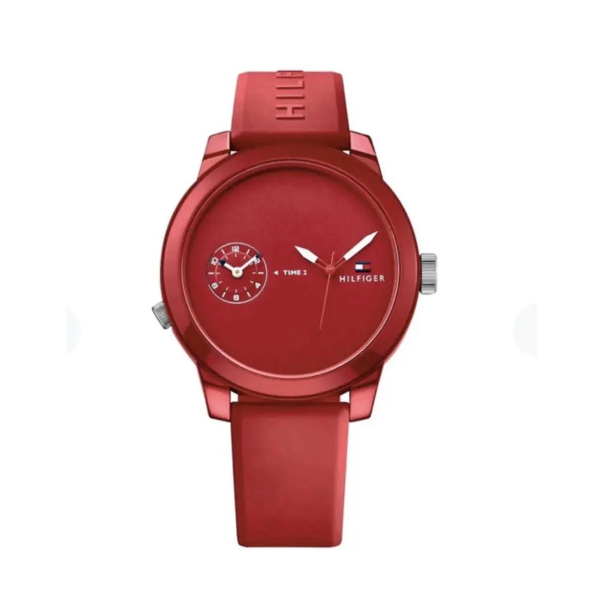 Tommy Hilfiger Denim 1791323 Red Dial Silicone Strap Quartz 44MM Mens Watch