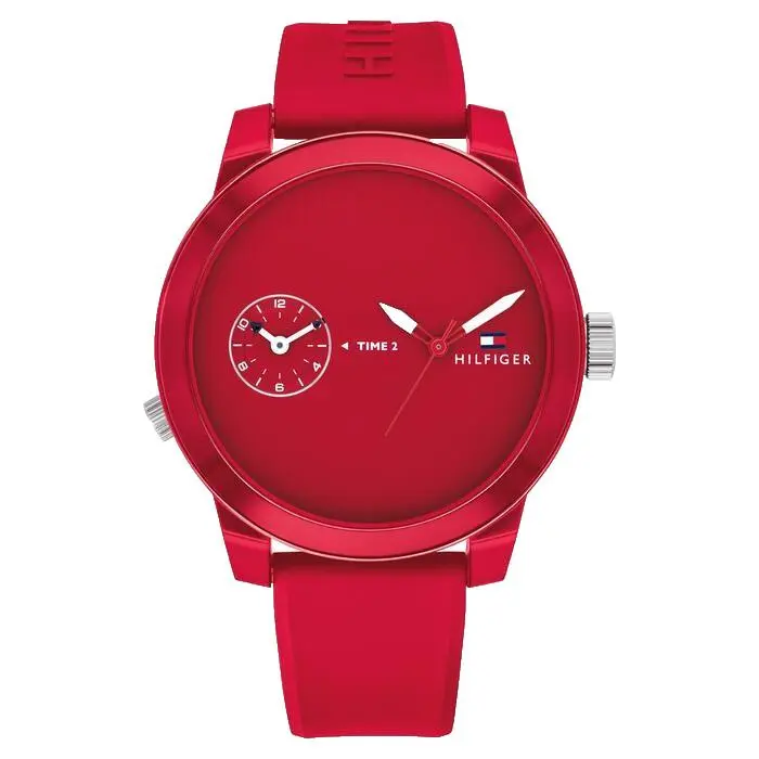Tommy Hilfiger Denim 1791323 Red Dial Silicone Strap Quartz 44MM Mens Watch - RED, Dial: Red, Band: NAVY