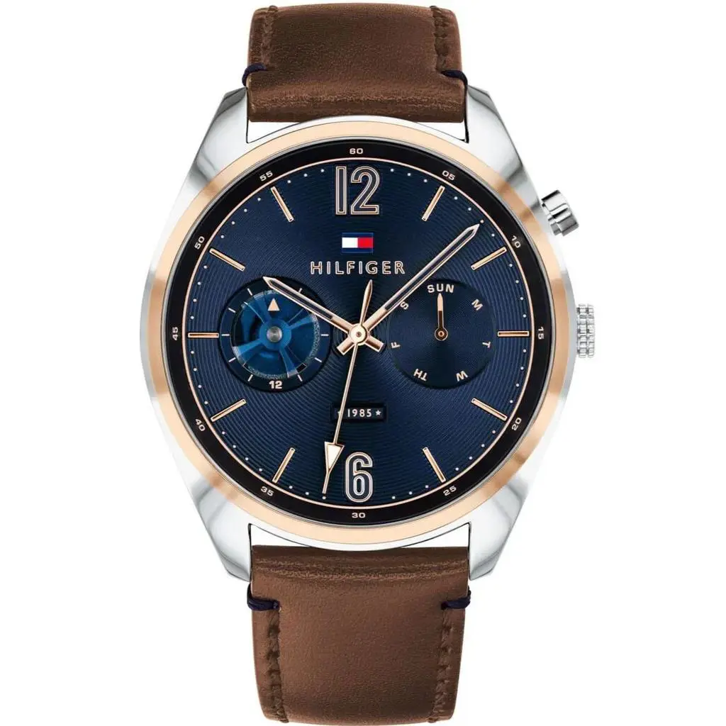 Tommy Hilfiger Men`s Multifunction Blue Dial Brown Belt Watch 1791549 - Dial: Brown, Band: Blue, Bezel: Brown