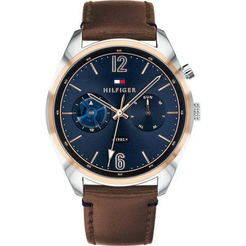 Tommy Hilfiger Men`s Multifunction Blue Dial Brown Belt Watch 1791549 - Dial: Brown, Band: Blue, Bezel: Brown