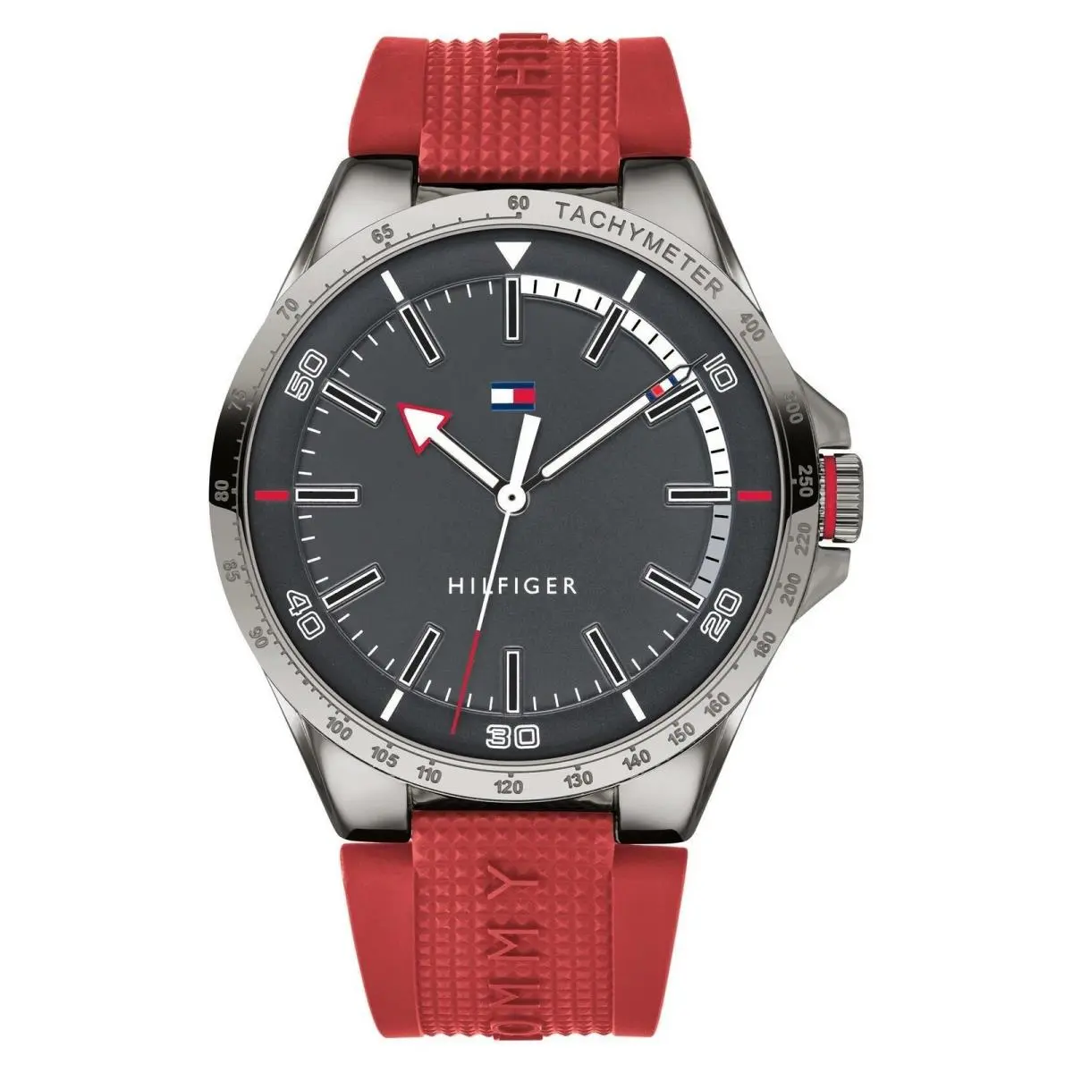 Tommy Hilfiger 1791527 Black Dial Red Silicone Strap Men`s Sport 44MM Watch