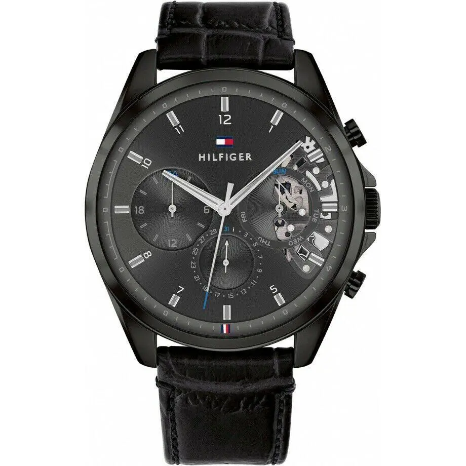 Black Leather Black Dial Day-date Baker Men s Watch 1710452 by Tommy Hilfiger