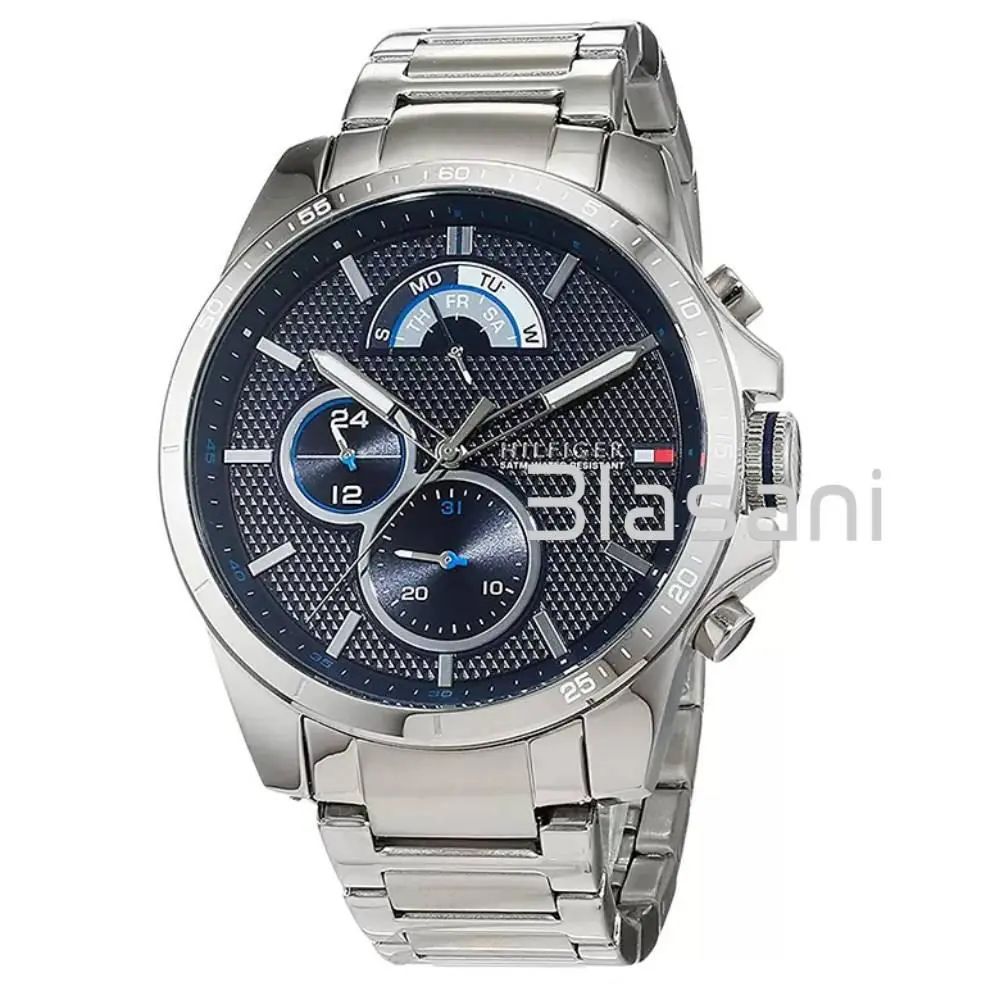 Tommy Hilfiger 1791348 Men`s Silver Stainless Steel Blue Dial Watch 46mm