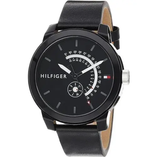 1791479 Men`s Quartz Watch Black Leather Calfskin Strap 44mm by Tommy Hilfiger