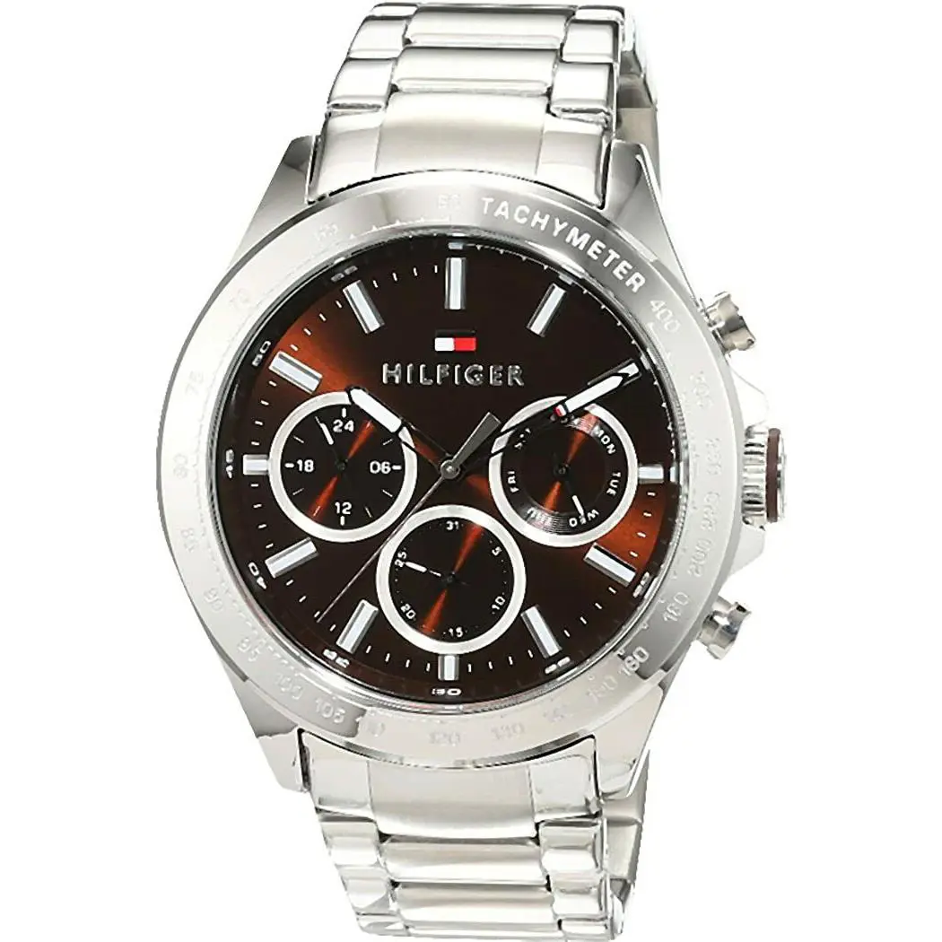 Tommy Hilfiger 1791229 Silver Tone Brown Dial Day Date Mens Casual Sport Watch