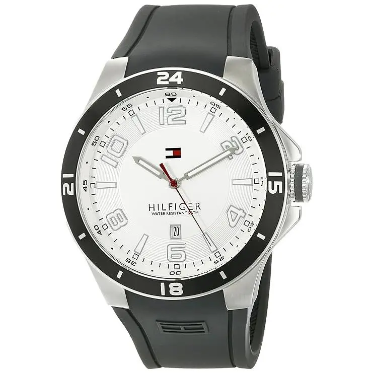 Tommy Hilfiger 1790863 Silver Dial Gray Silicone Strap Men`s Watch - Dial: Silver, Band: Gray, Bezel: Black