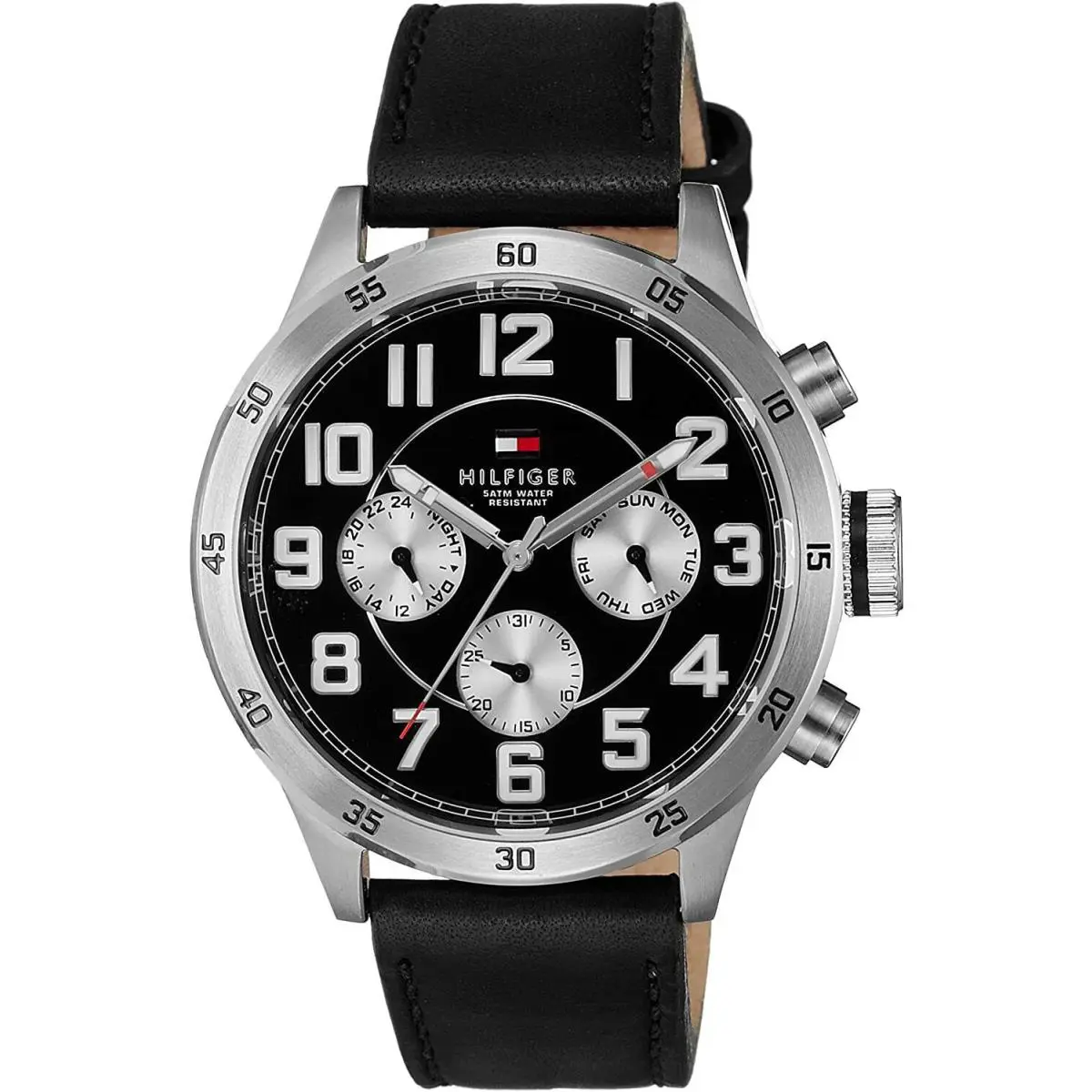 Tommy Hilfiger 1791050 Silver Tone Black Dial Black Leather Band Mens Watch