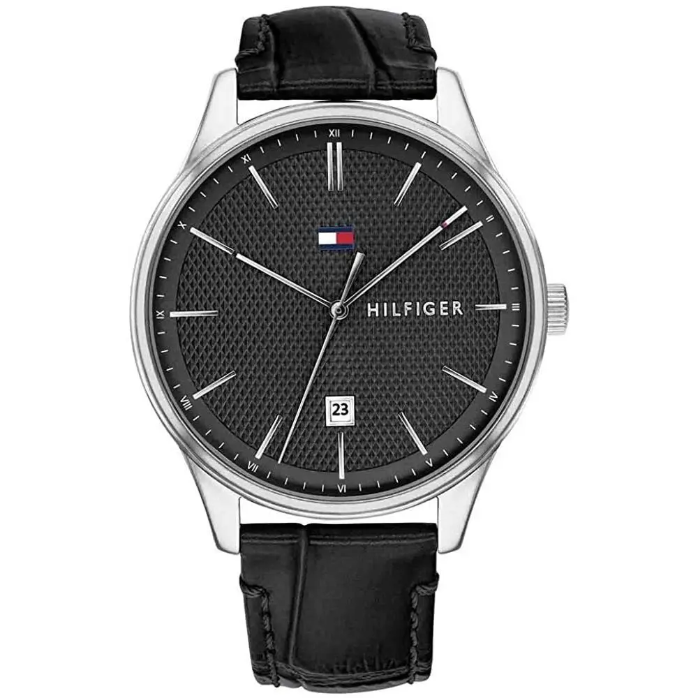 Tommy Hilfiger 1791494 Silver Tone Black Dial Leather Band Mens Classic Watch