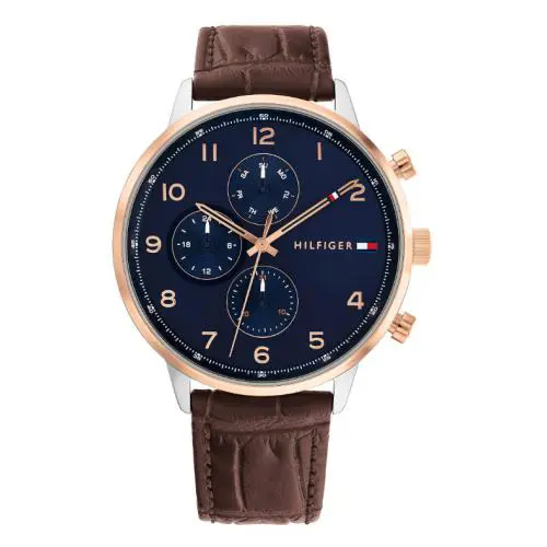Tommy Hilfiger Multifunction Blue Dial Brown Leather Men’s Watch – 1791987 - Dial: Blue, Band: Brown, Bezel: Rose Gold