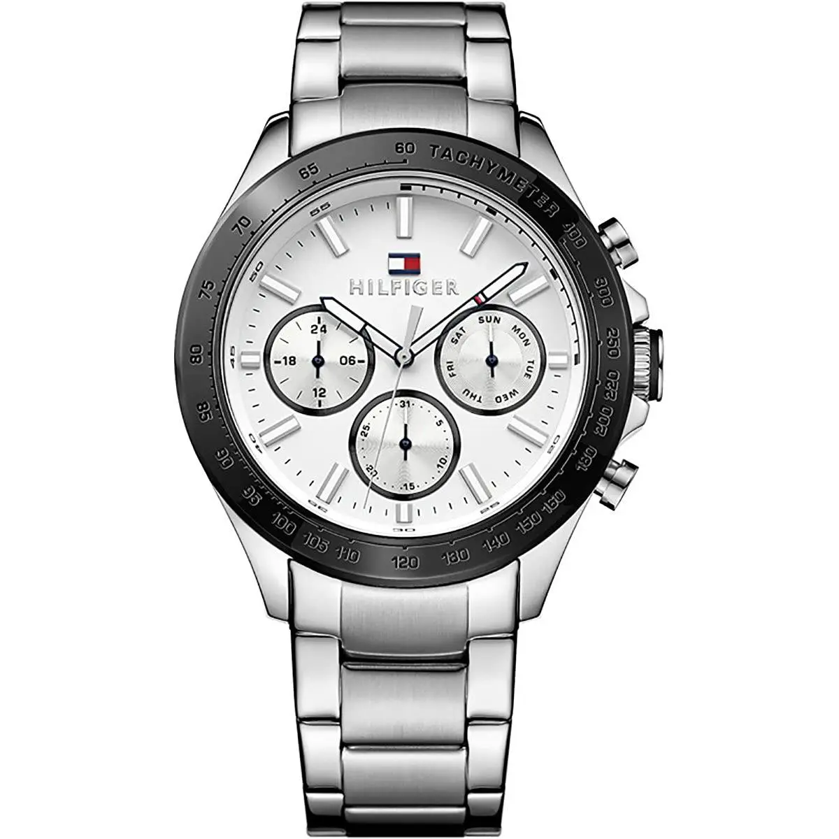 1791227 Silver Tone Black Bezel Day Date Mens Dress Watch by Tommy Hilfiger