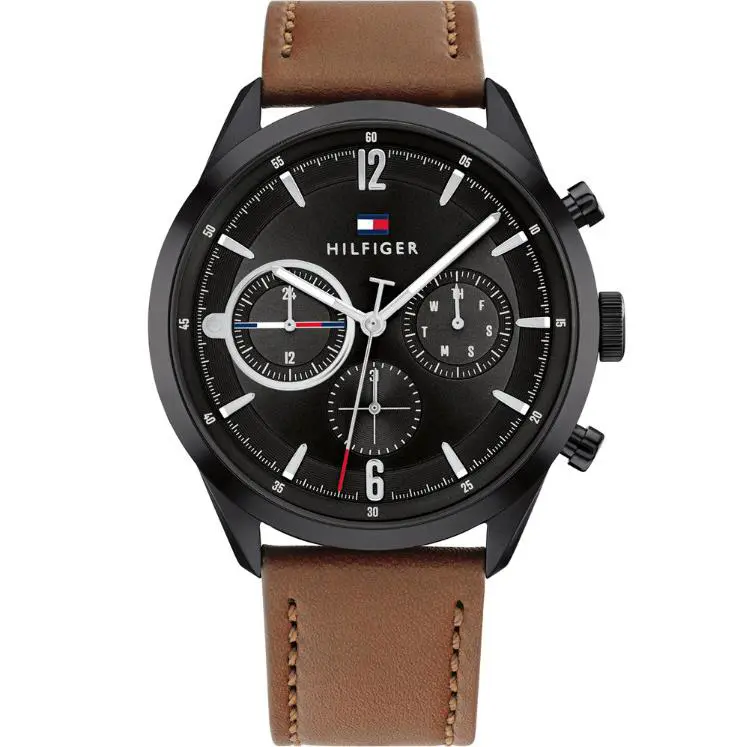 Tommy Hilfiger Multifunction Brown Leather Men’s Watch – 1791942 - Dial: Black, Band: Brown, Bezel: Black