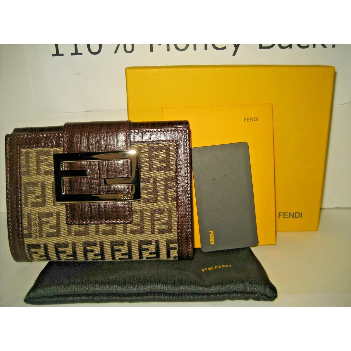 Fendi Brown FF Logo Leather Bifold Credit Card Case Coins Purse Wallet Box