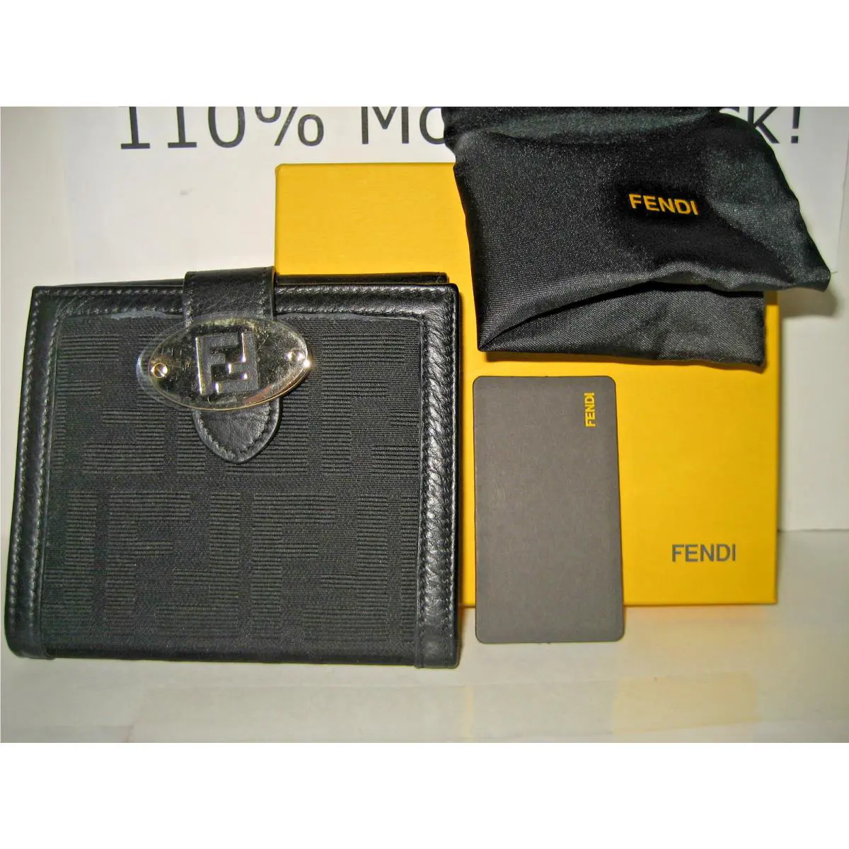 Fendi Black FF Logo Leather Bifold Credit Card Case Coins Purse Wallet Box
