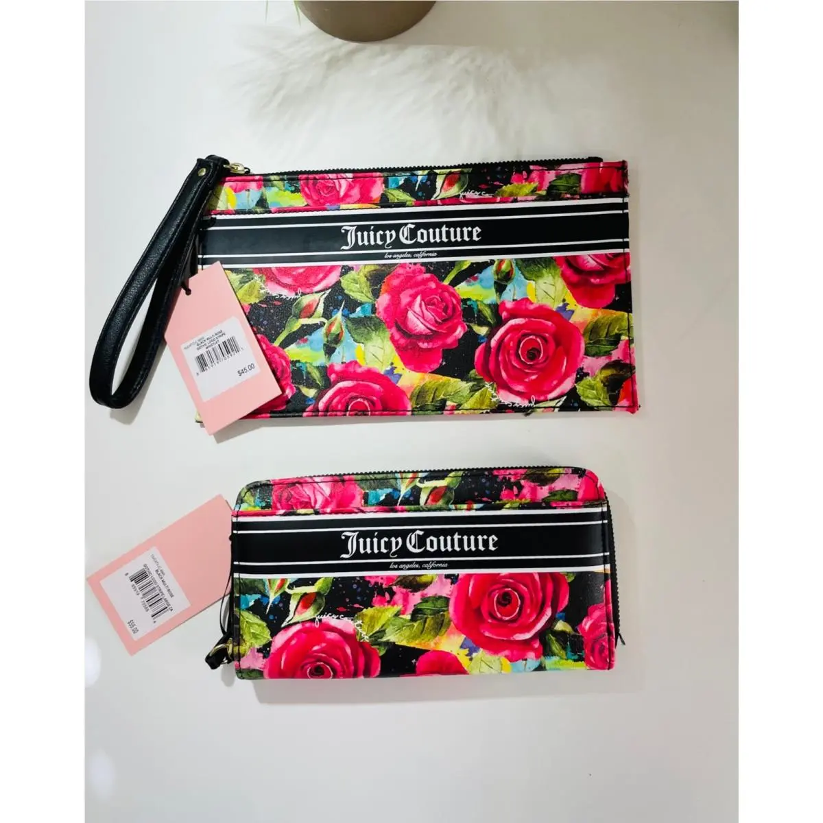 Juicy Couture Black Multi Rose Gothic Logo Stripe Wristlet and Wallet Set