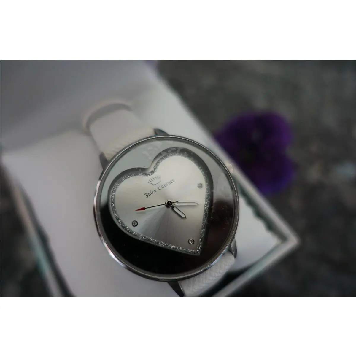 Juicy Couture Black Label Watch Silver Heart White Band JC1235svwt