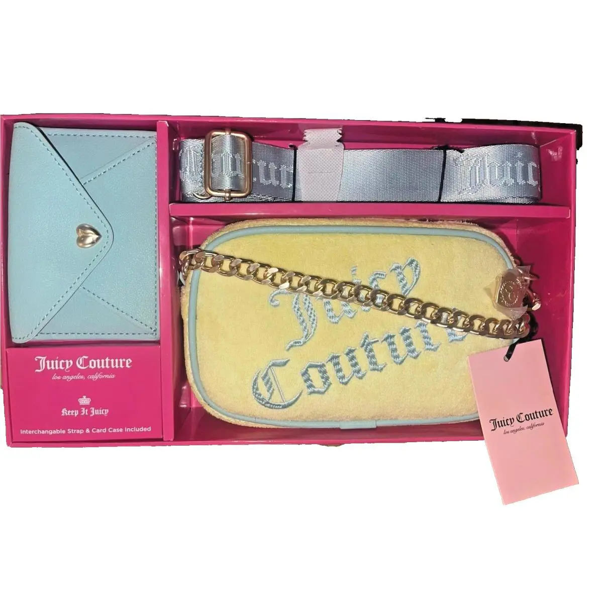 Juicy Couture Yellow Pear Beach Camera Bag Crossbody Chain Wallet Gift Set
