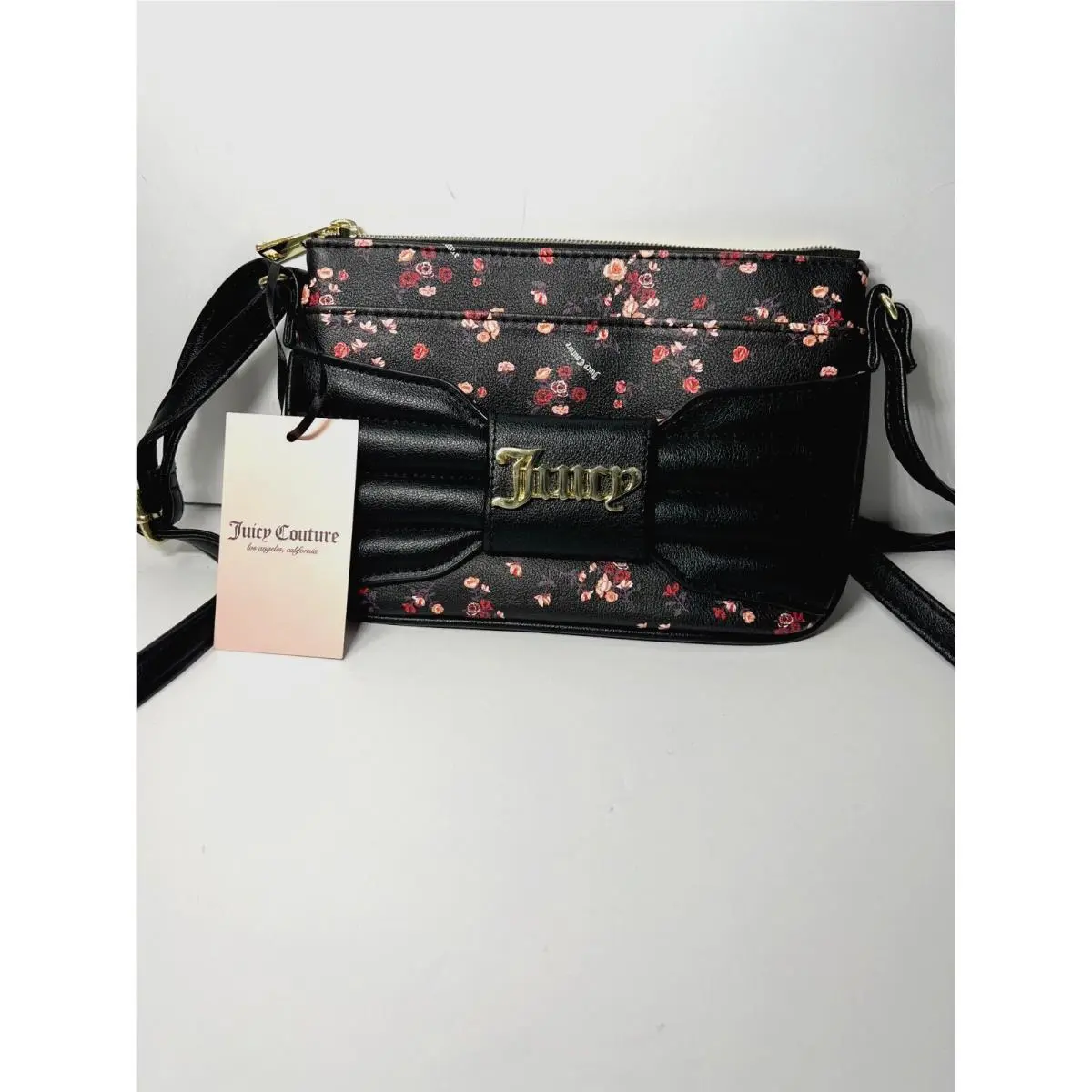Juicy Couture Ditzy Rose Black Bow Floral Crossbody Gold Logo Bag Purse