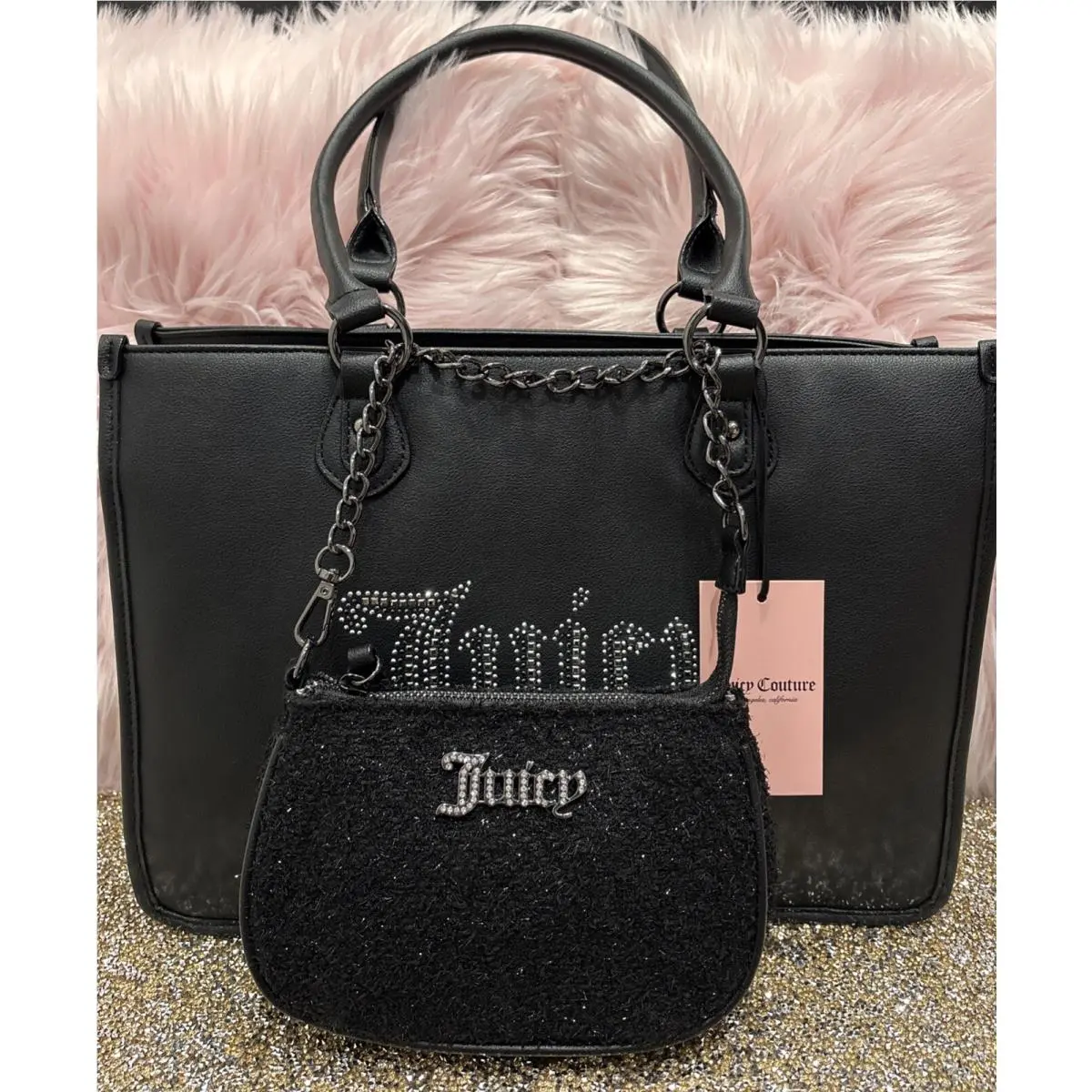 Juicy Couture Black Two In One Tote Shoulder Bag Pocketbook Quilted Purse