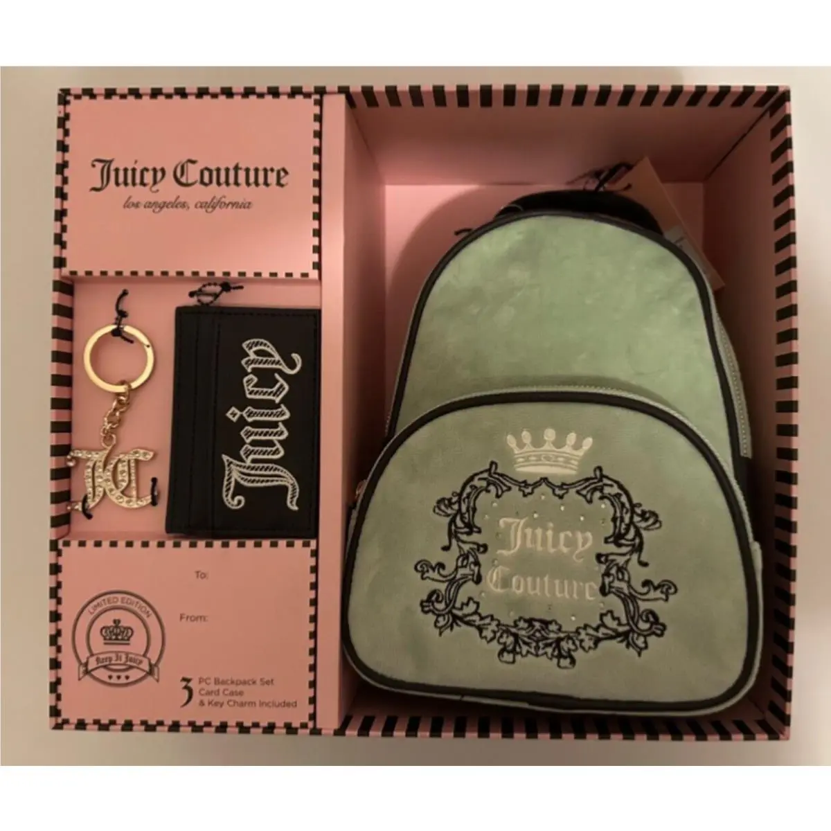 Juicy Couture Boxed 3pc Backpack Set Cardcase Keycharm Celadon Green Tags