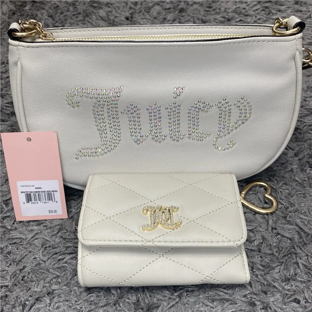 Juicy Couture Purse + Trifold Card Wallet Lot Angel White Bling Shoulder Bag