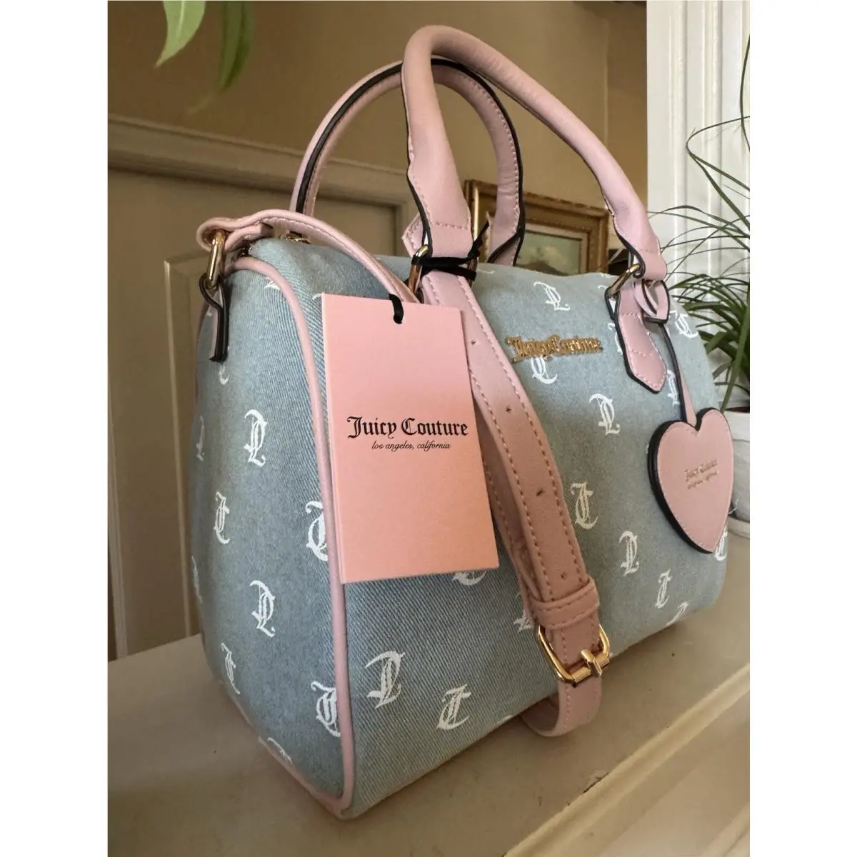 Juicy Couture Gothic Denim Light Blue Pink Bestseller Fame Satchel Purse