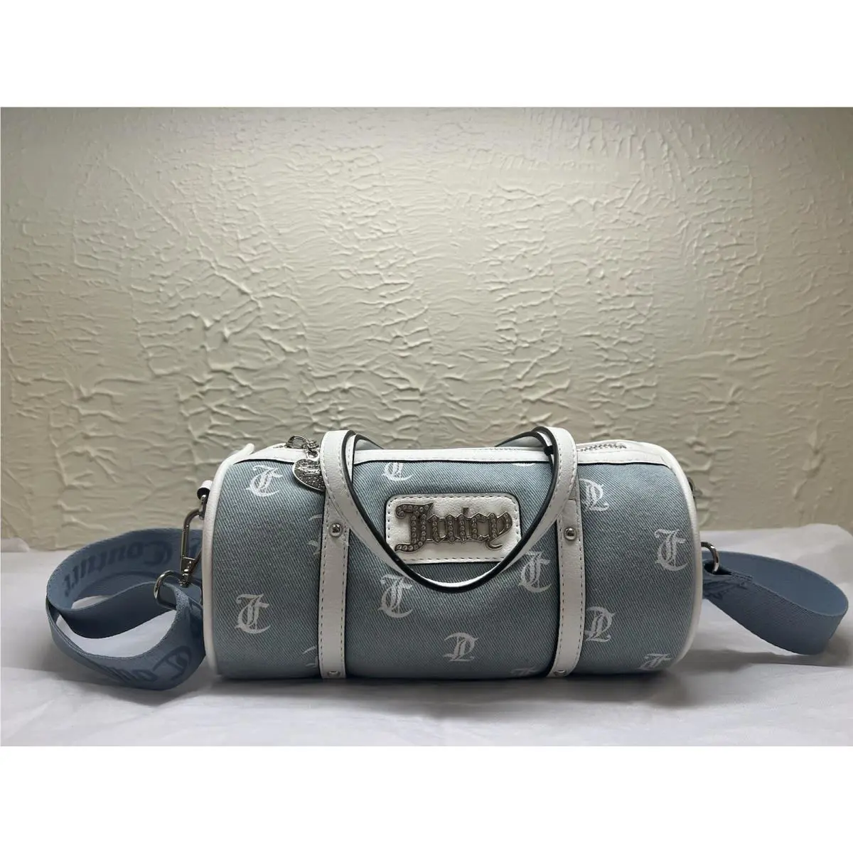 Juicy Couture Denim Logo Queen Of Everything Mini Barrel Crossbody Bag