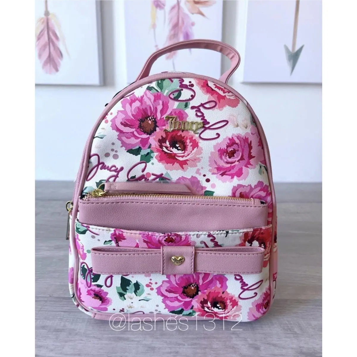 Juicy Couture Bag Peek a Bow Backpack with Pouch - White Floral Rose Print