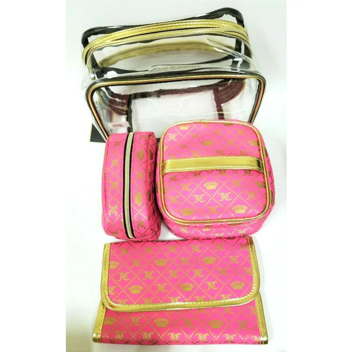 Juicy Couture Pink+gold 4 PC Set Clear Pvc Cosmetic + 2 POUCHES+1 Makeup Bag