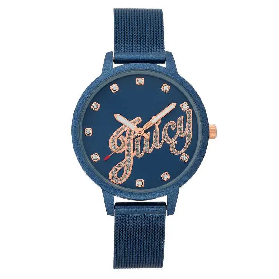 Juicy Couture Blue Rose Gold Logo Crystals Mesh Bracelet Watch JC-1122BLBL - Dial: Blue, Band: NAVY BLUE,SILVER, Blue, Manufacturer Face: BLUE WITH ROSE GOLD ACCENT