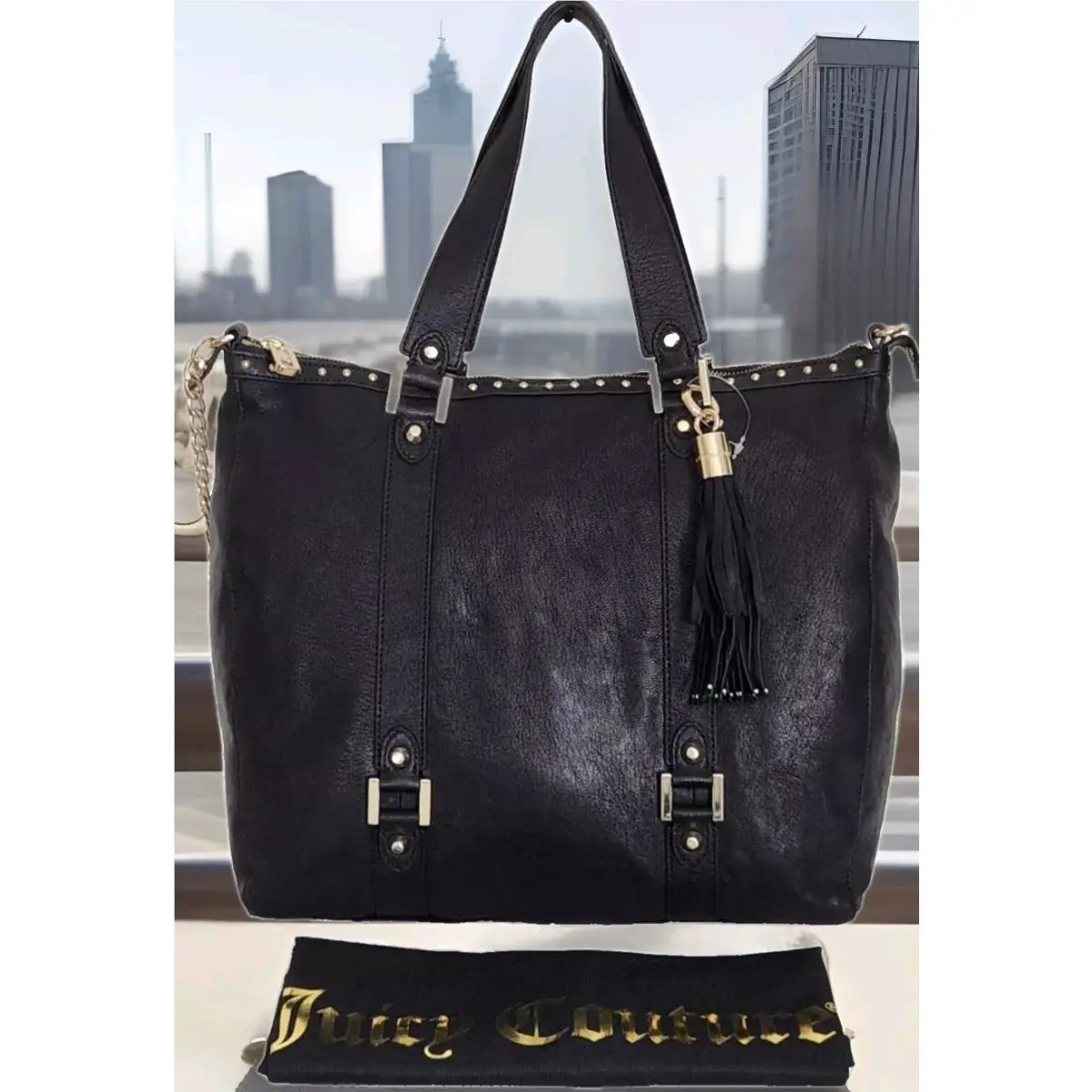 Juicy Couture Black Leather Gold Studded Large Zip Top Tassel Tote Bag
