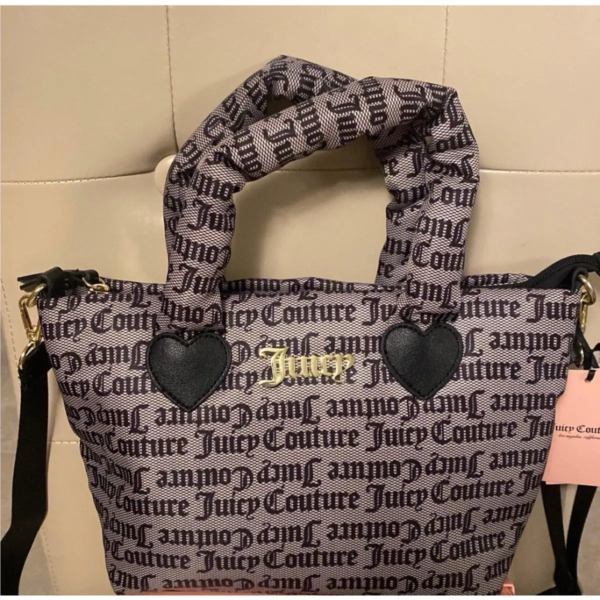 Juicy Couture Black Beige Lovely Puff Tote Crossbody Bag Recycled Plastic