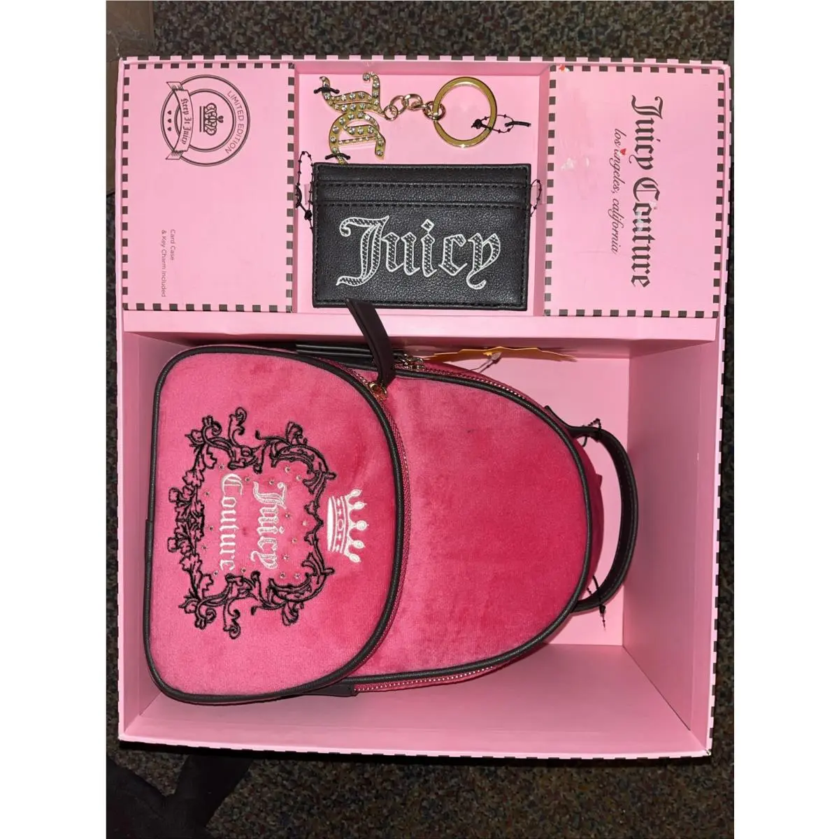 Juicy Couture 3PC Mini Backpack Gift Box Set Heritage Card Case Key Hot Pink