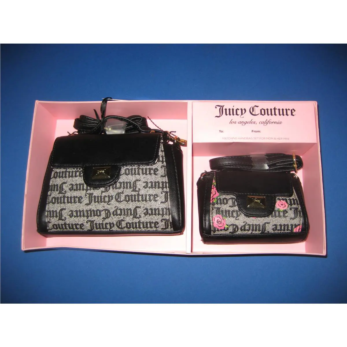 Juicy Mommy & Me Couture Mommy Me Flap Crossbody Purse Handbag Set Black Beige Floral