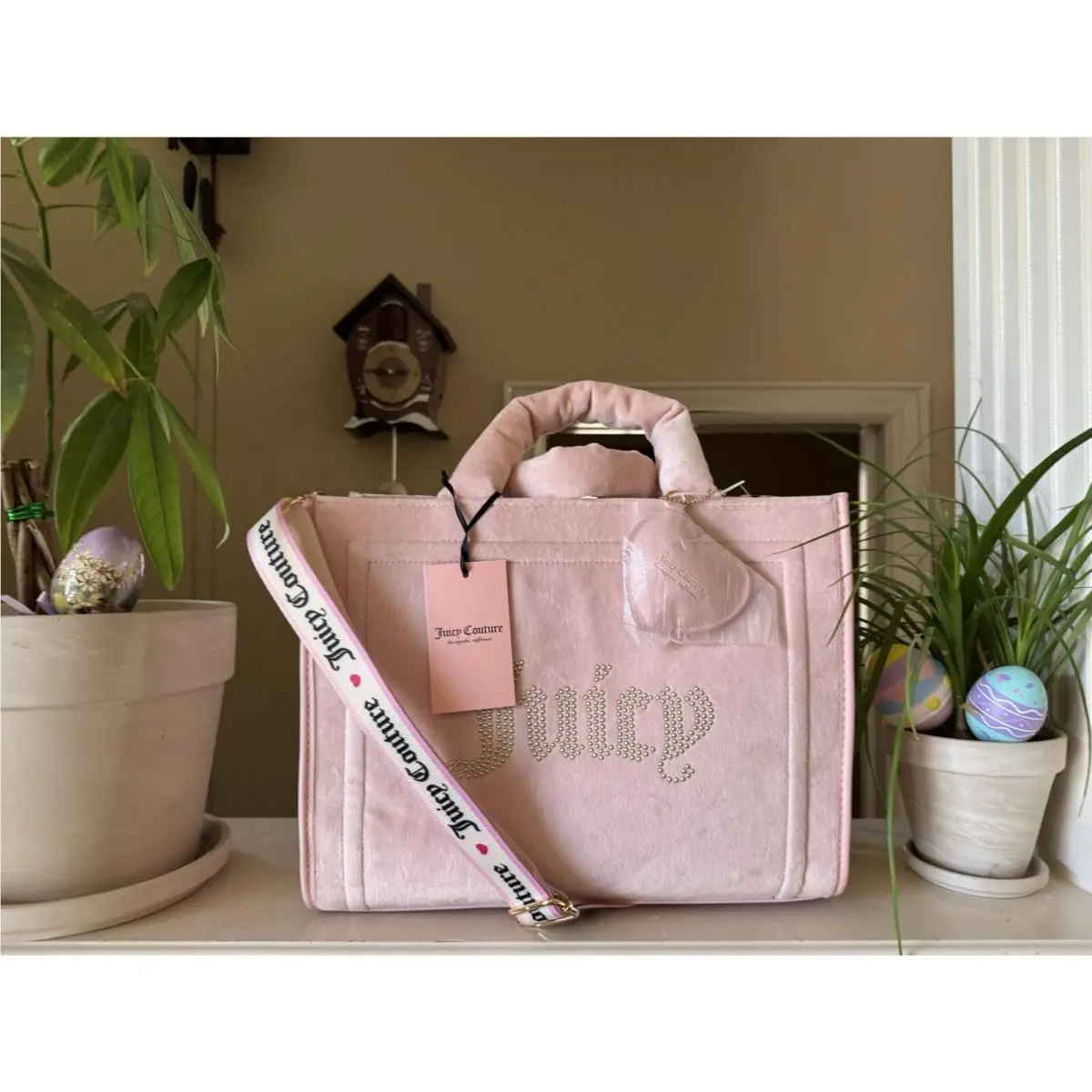 Extra Spender Tote Pink Diamond Velvet Strap 13 Larger Size by Juicy Couture