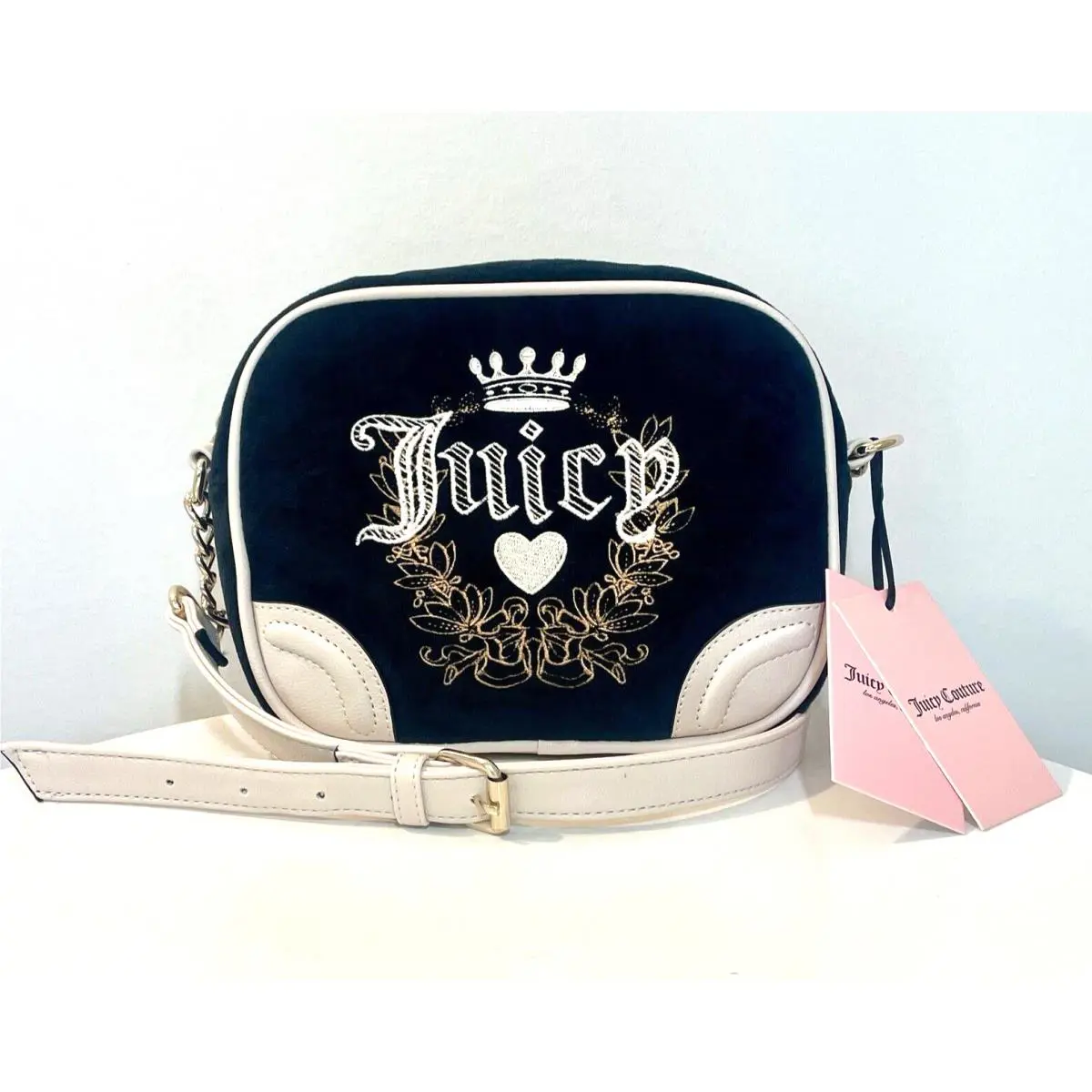 Juicy Couture Black Beige Crossbody Velvet Leather Heritage Purse Bag