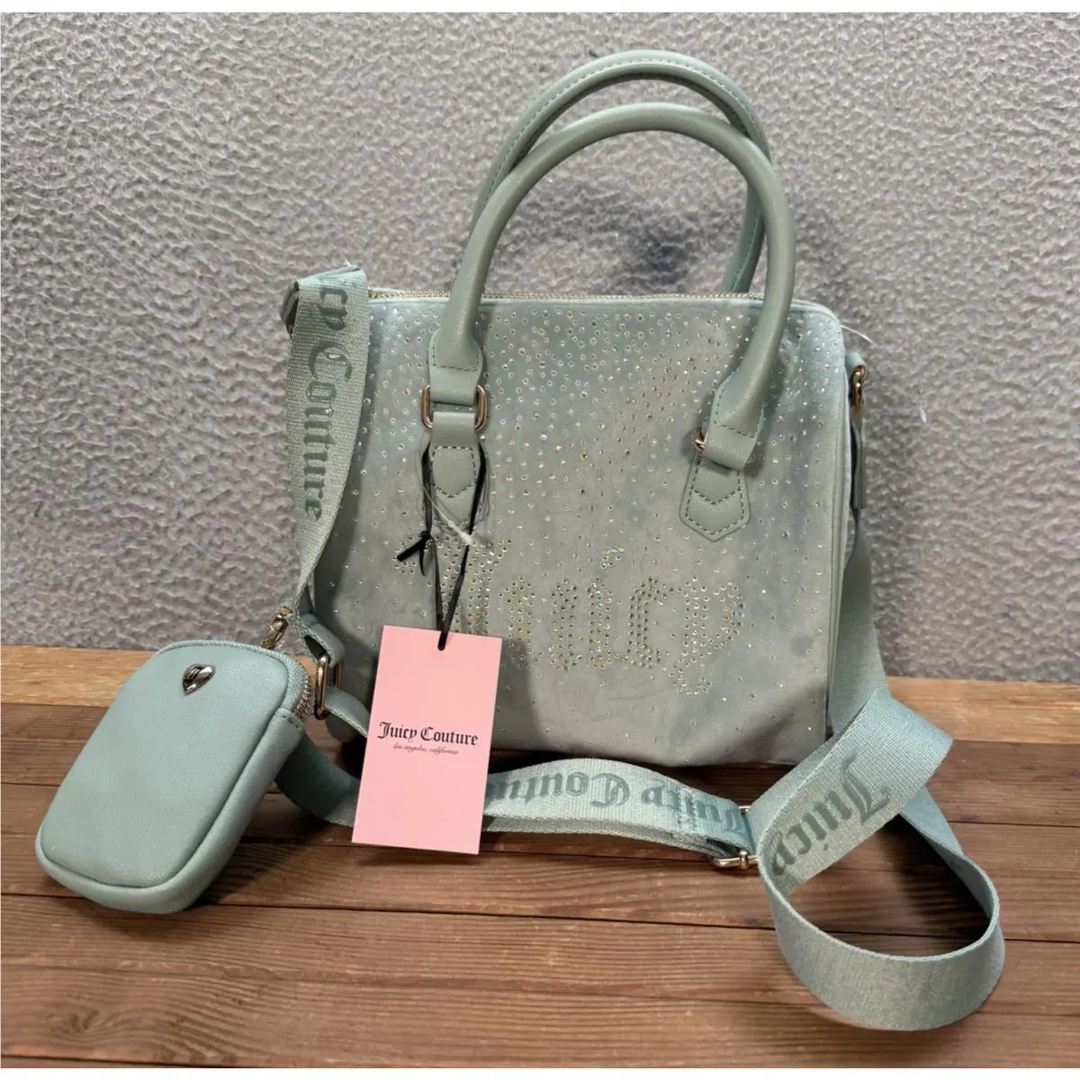 Juicy Couture Bag Womens Cool Blue Let It Shine Satchel Rhinestones Embellished