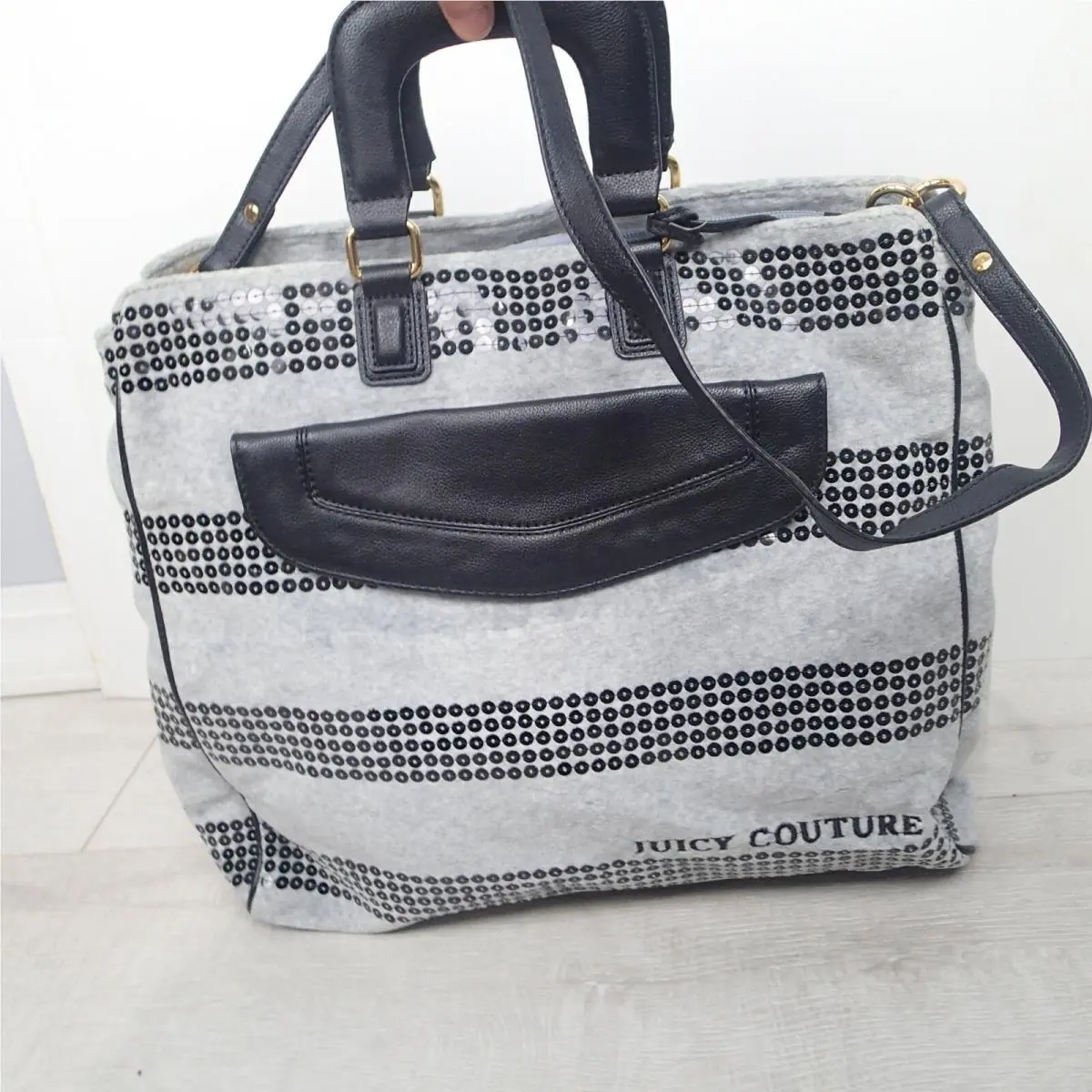 Juicy Couture Purse Bag Large Gray Black Velour Velvet Sequins