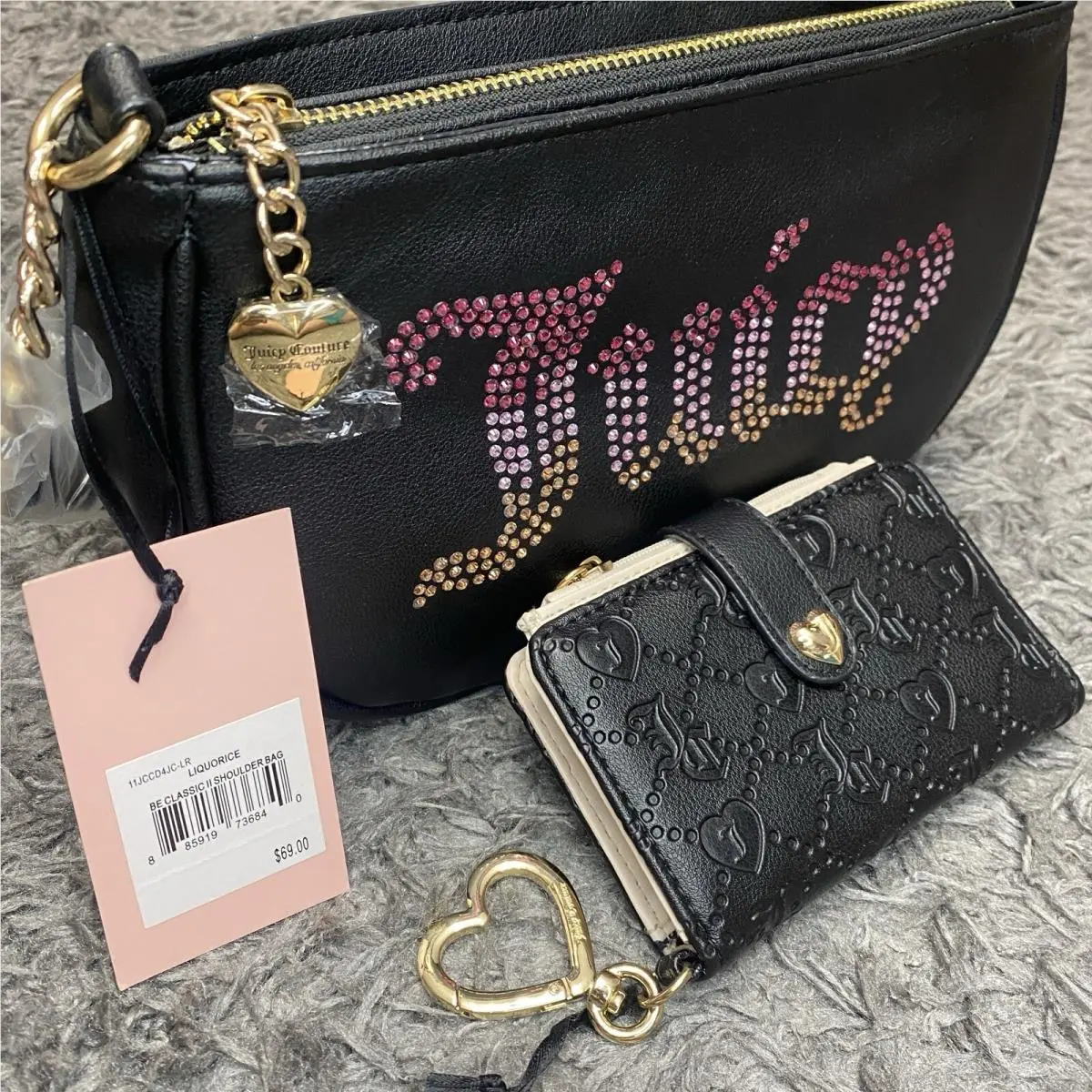 Juicy Couture Purse + Card Wallet Lot Black Bling Shoulder Bag Liquorice