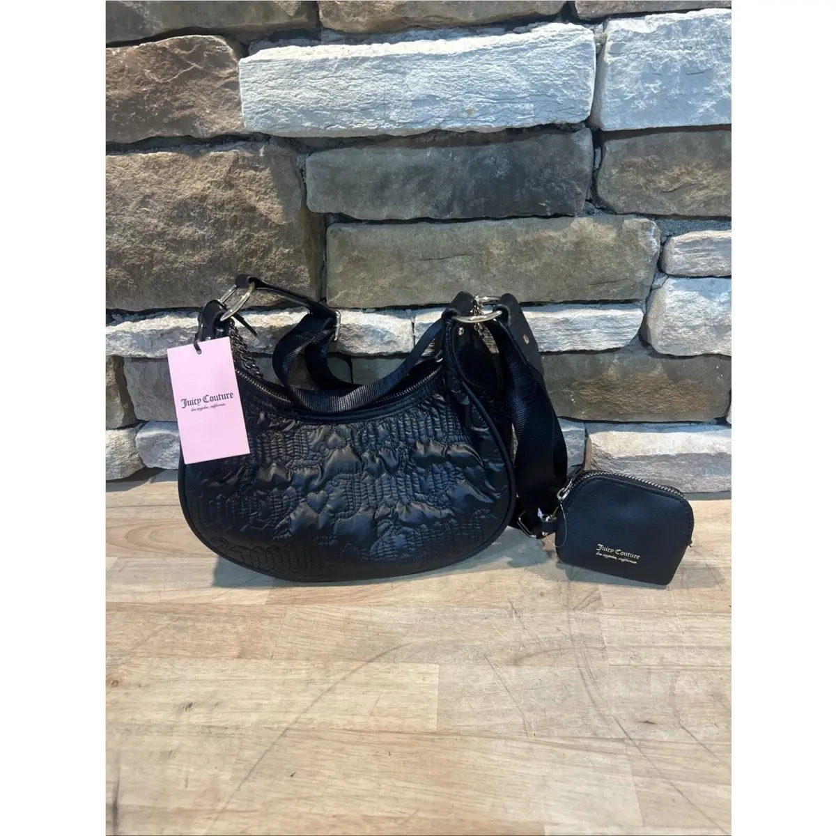 Black Juicy Couture Purse Bag Puff Half Moon Crossbody Quilted
