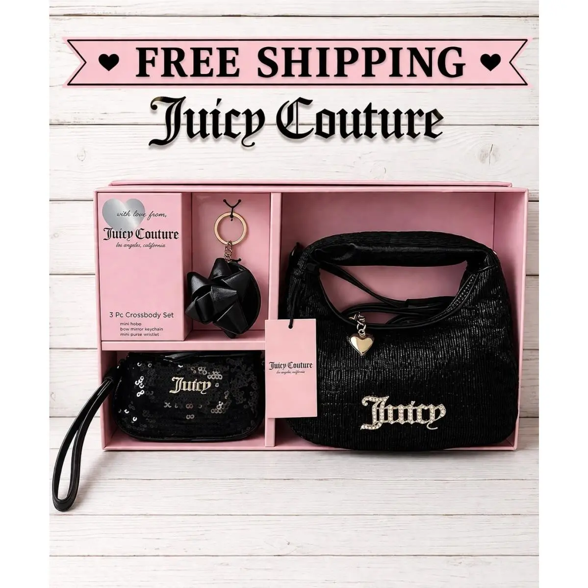 Juicy Couture 3 Pc. Sequin Hobo Bag Mini Wristlet Mirror Keychain Gift Set