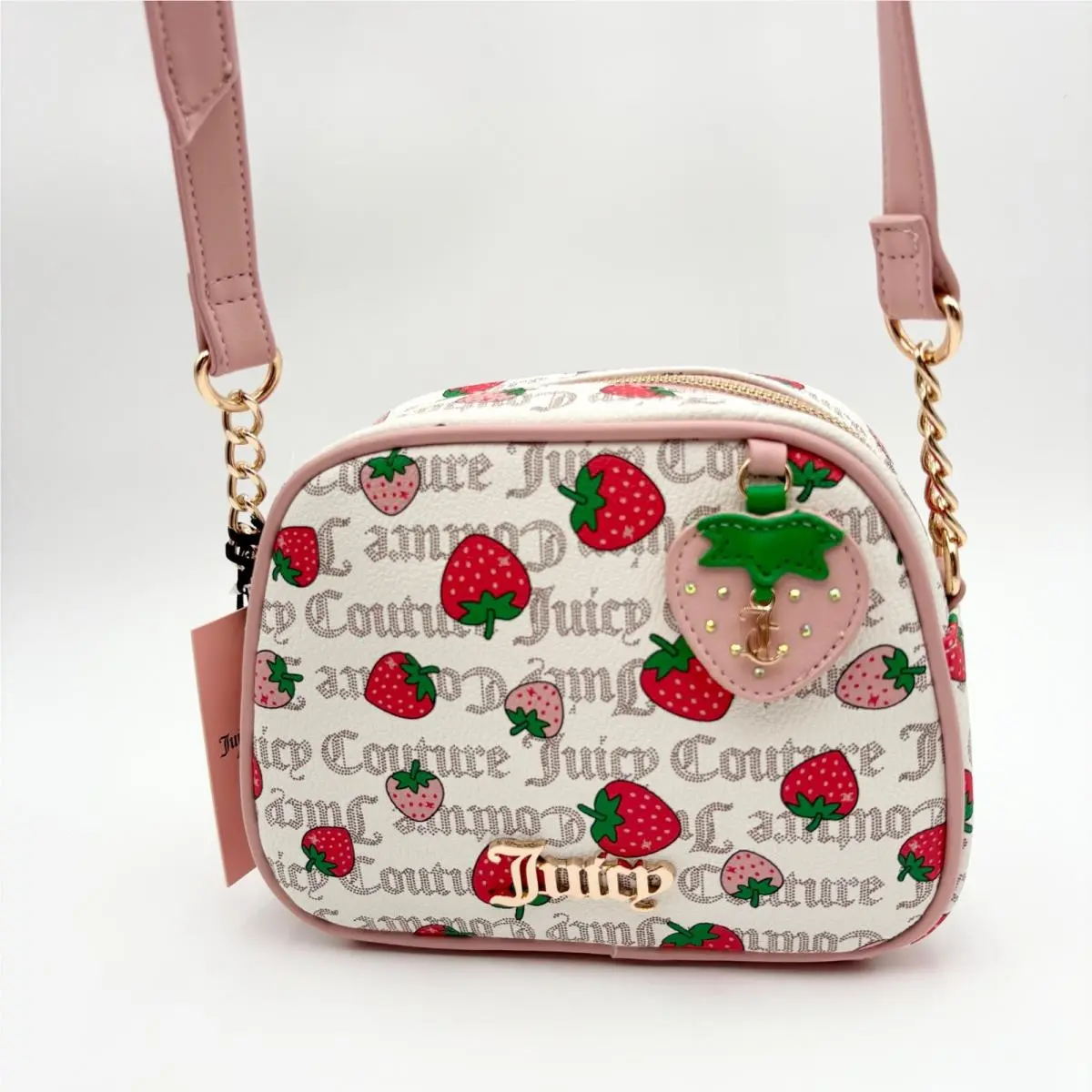 Juicy Couture White Pink Diamond Freshly Picked Strawberry Camera Bag Purse