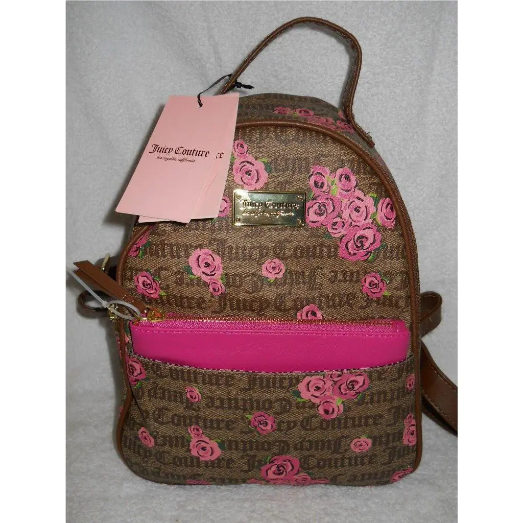 Juicy Couture Brown Pink Floral Bloom Backpack Removable Pouch Gold Hardware
