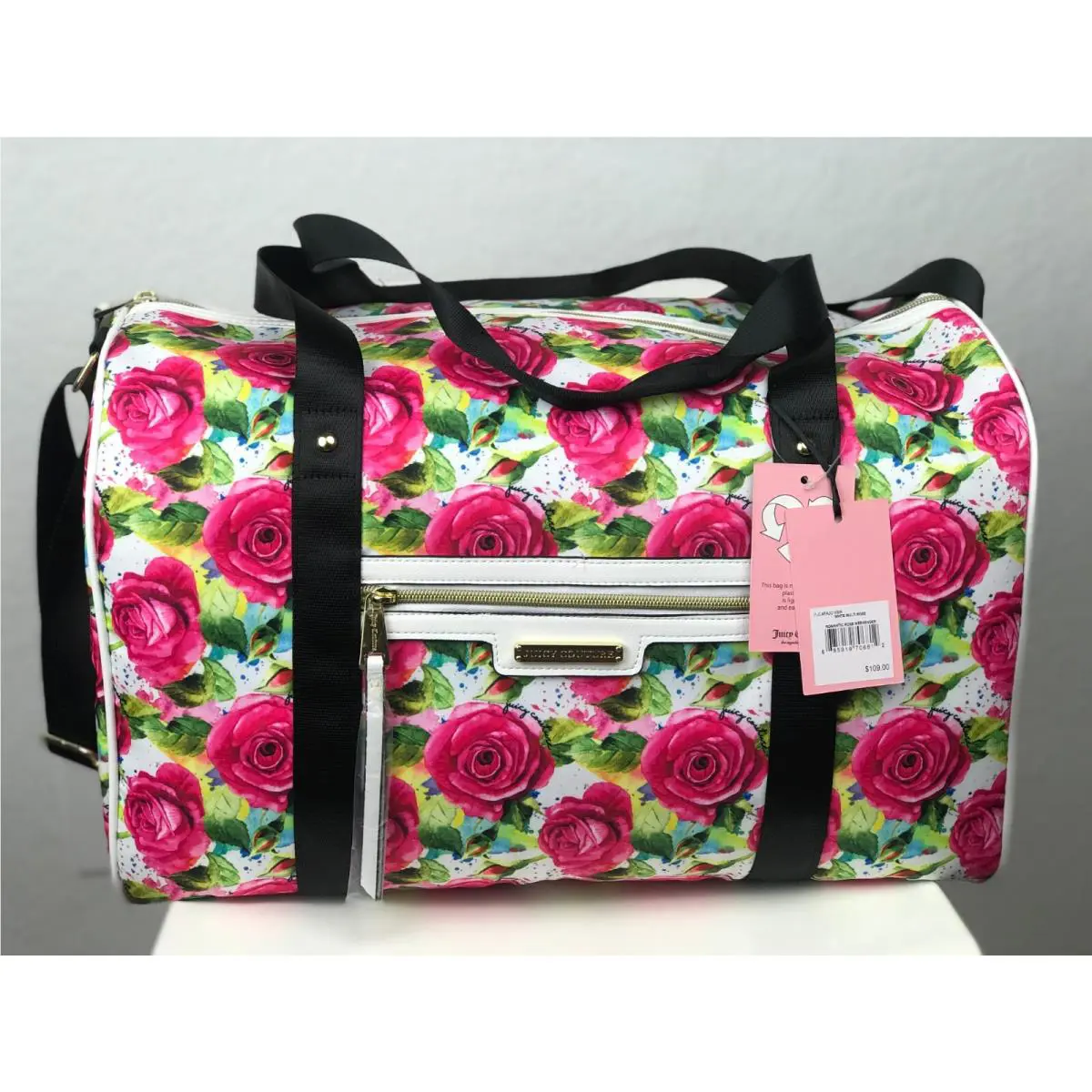 Juicy Couture “white Romantic Multi Rose Weekender” Overnighter Duffel Bag