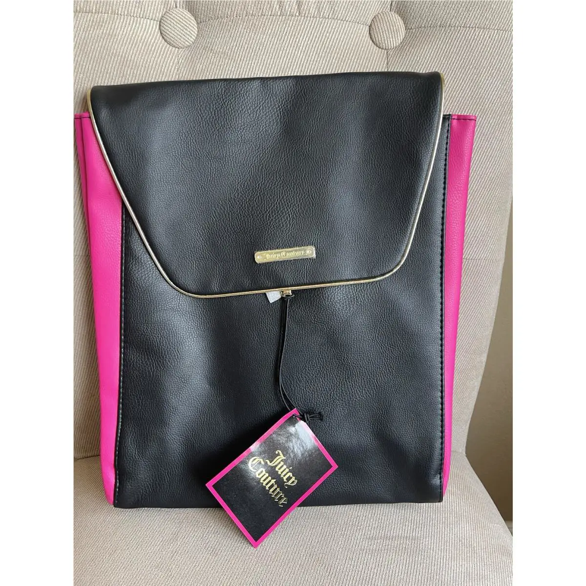 Juicy Couture Expandable Bucket Backpack Black W/ Pink Satin Lining