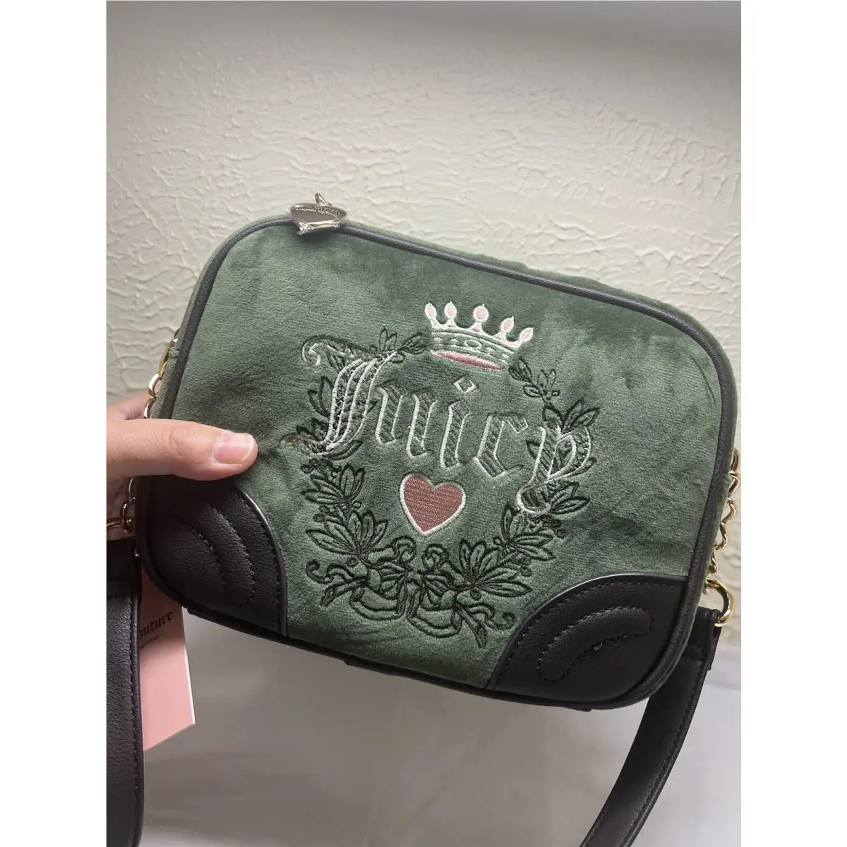 Juicy Couture Suede Velour Super Green/chocolate Brown Heritage Crossbody